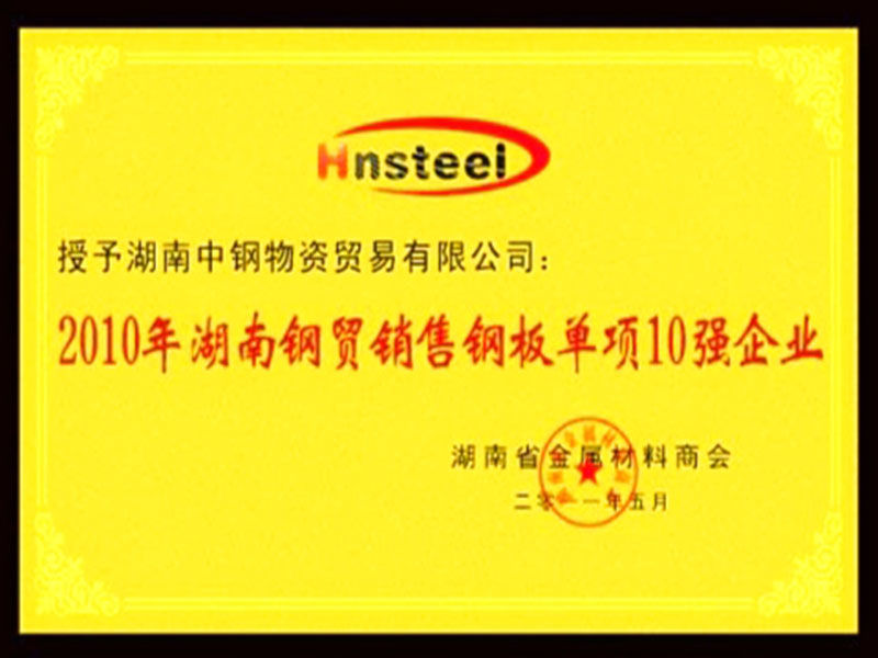 2010年湖南鋼貿銷售鋼板單項10強企業